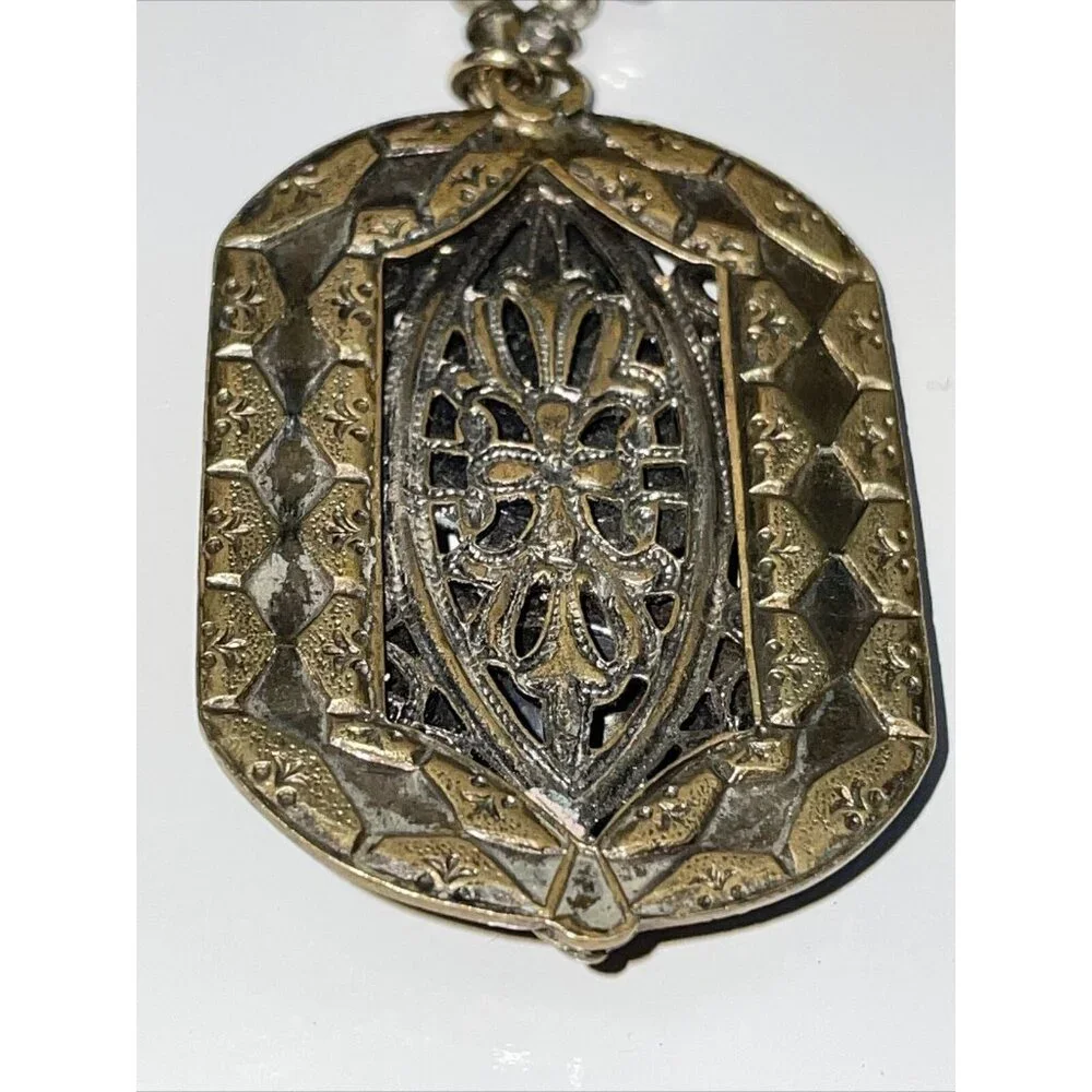 Vintage Brass Rose Pendant Necklace With Plastic Beaded Roses Filigree Stunning!